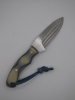 1095 high carbon steel drop point utility knife with a white and blue micarda handle