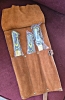 Triple set of kitchen knives. Swede leather carry case. Pakka wood handle. Dishwasher safe.  Colors available RED, BLUE, YELLOW. 