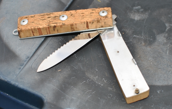 Cork Handled Italian Made 13cms Closed Folding Lanyard Hole Serrated Top Bottle Opener Locks In Place Mint 1960's