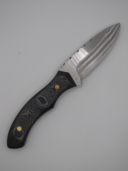 1095 high carbon steel drop point utility blade with a blue and white paper micarda handle