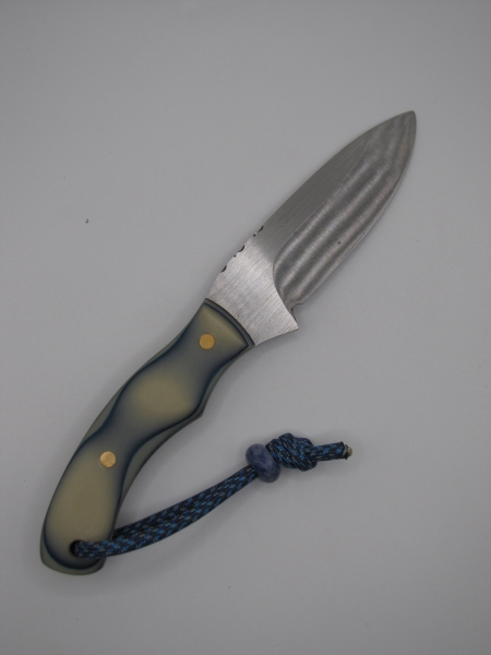 1095 high carbon steel drop point utility knife with a white and blue micarda handle