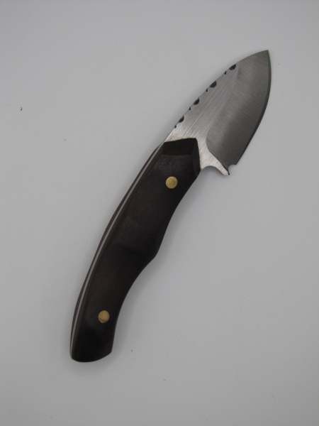 1095 high carbon steel caping knife with a drop point with natural wood handles