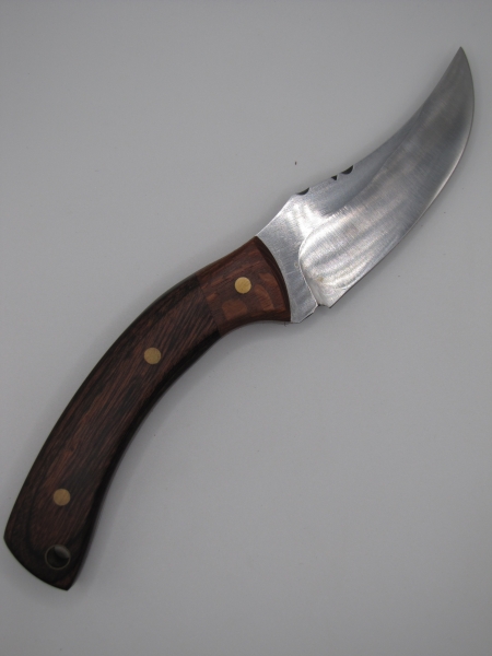 1095 high carbon steel hunter skinner kife with a walnut dymalux handle with leopard wood handle