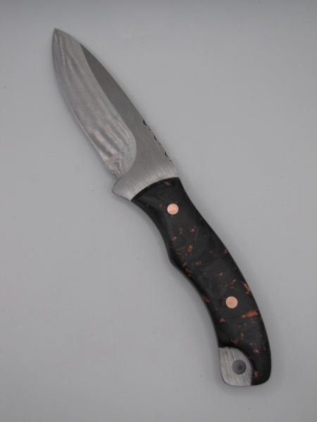 1095 high carbon steel drop point utility knife with a carbon fiber and copper handle