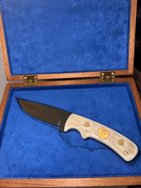Handmade Full-Tang Knife – 440 Stainless Steel Blade, Deer Antler Handle with Dual 1/10 oz Gold Coins – Collector Display Piece with Box