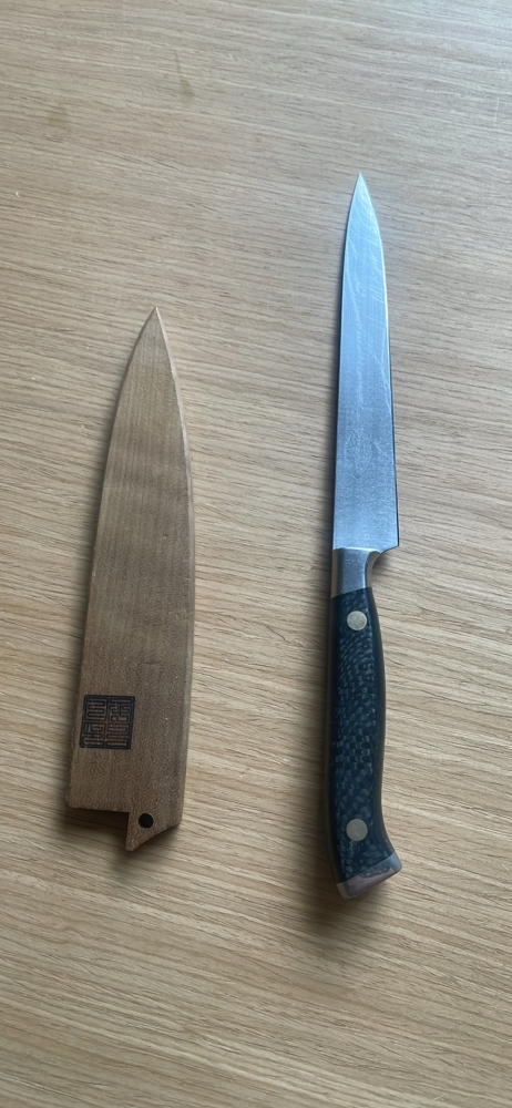 Limited edition Hattori Forums FH-1D paring knife with the distinctive \"Black Space\" Corian handle