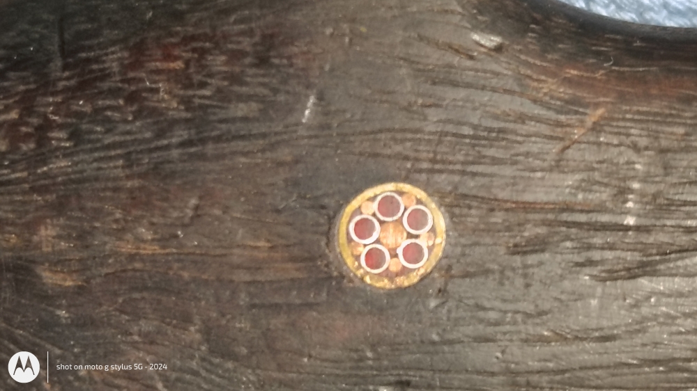 Damascus Steel Knife with Five-Dot Mosaic Inlay – $275