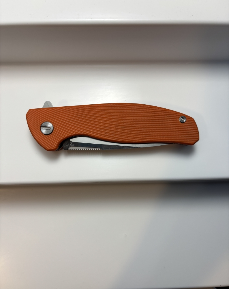 Shirogorov Cronidur 30 EVO F3 Flipper, Orange Micarta, Bear Engraving, 3.875