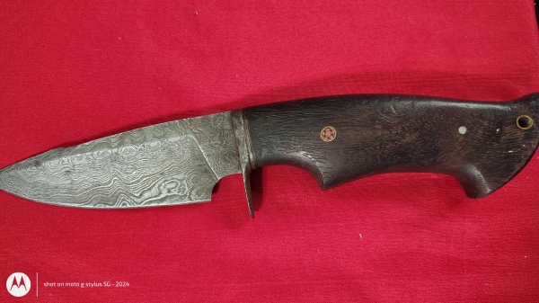 Damascus Steel Knife with Five-Dot Mosaic Inlay – $275