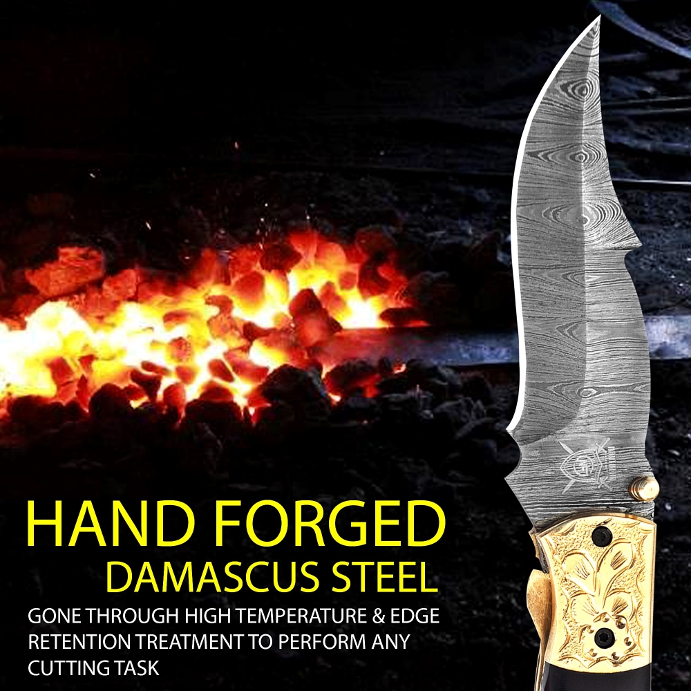 Hand-Forged Damascus Folding Knife with Leather Sheath & Sharpening Tool