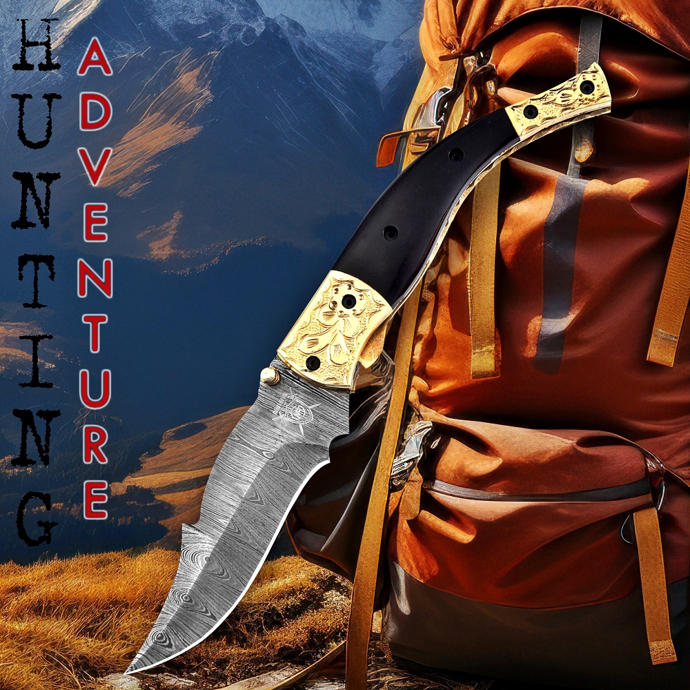 Hand-Forged Damascus Folding Knife with Leather Sheath & Sharpening Tool