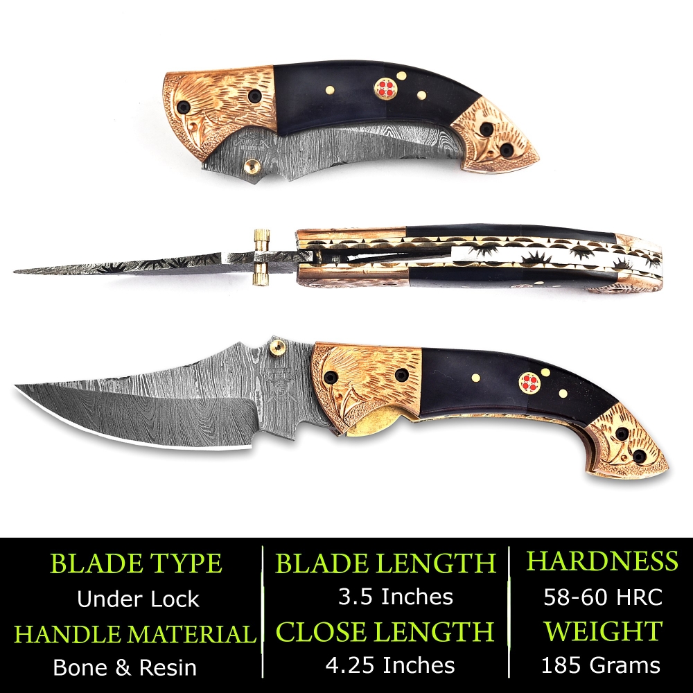 Hand-Forged Damascus Folding Knife with Leather Sheath & Sharpening Tool