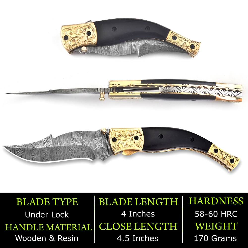 Hand-Forged Damascus Folding Knife with Leather Sheath & Sharpening Tool