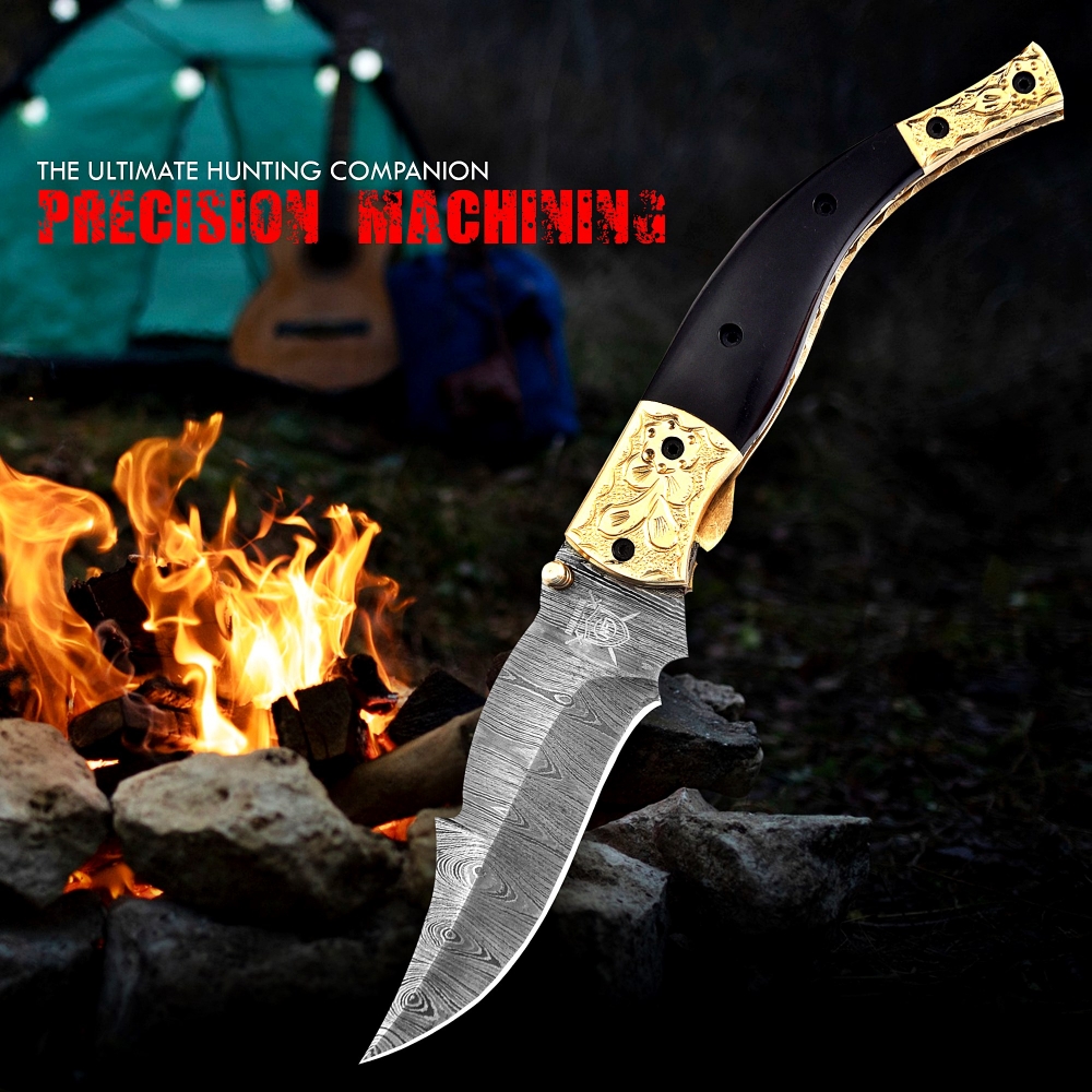 Hand-Forged Damascus Folding Knife with Leather Sheath & Sharpening Tool