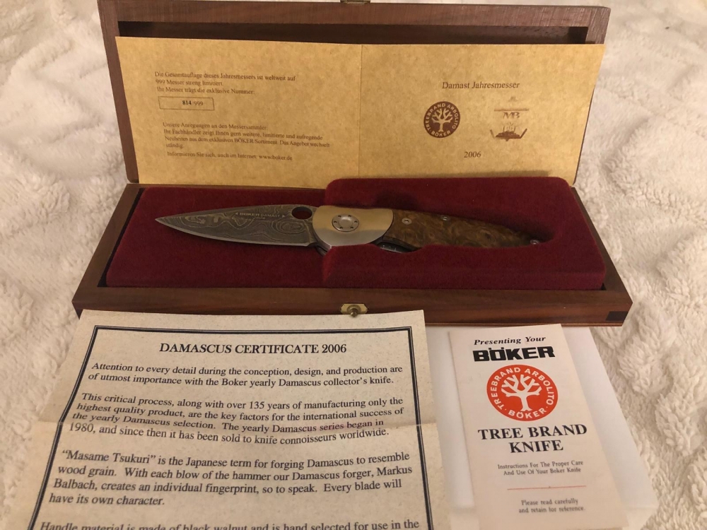 Boker 2006 Damascus collector's folding knife, new in wood box with certificate. BO-2006DF