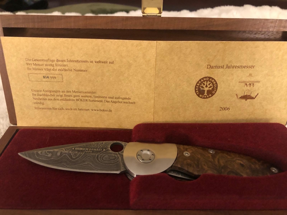 Boker 2006 Damascus collector's folding knife, new in wood box with certificate. BO-2006DF