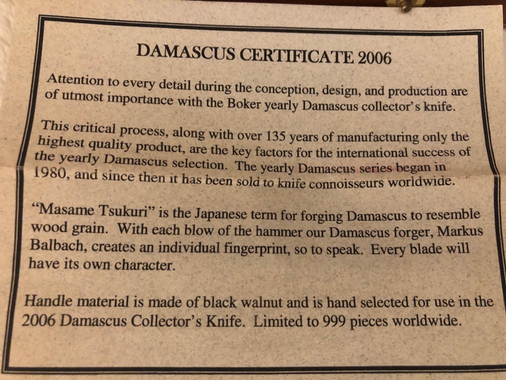 Boker 2006 Damascus collector's folding knife, new in wood box with certificate. BO-2006DF