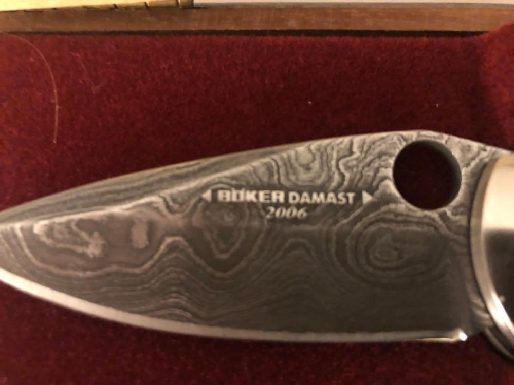 Boker 2006 Damascus collector's folding knife, new in wood box with certificate. BO-2006DF