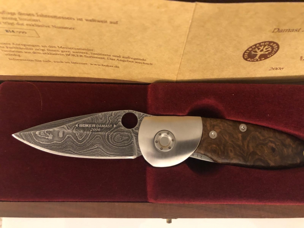 Boker 2006 Damascus collector's folding knife, new in wood box with certificate. BO-2006DF