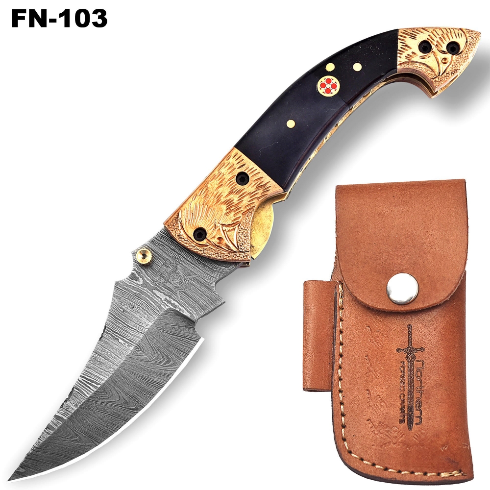 Hand-Forged Damascus Folding Knife with Leather Sheath & Sharpening Tool