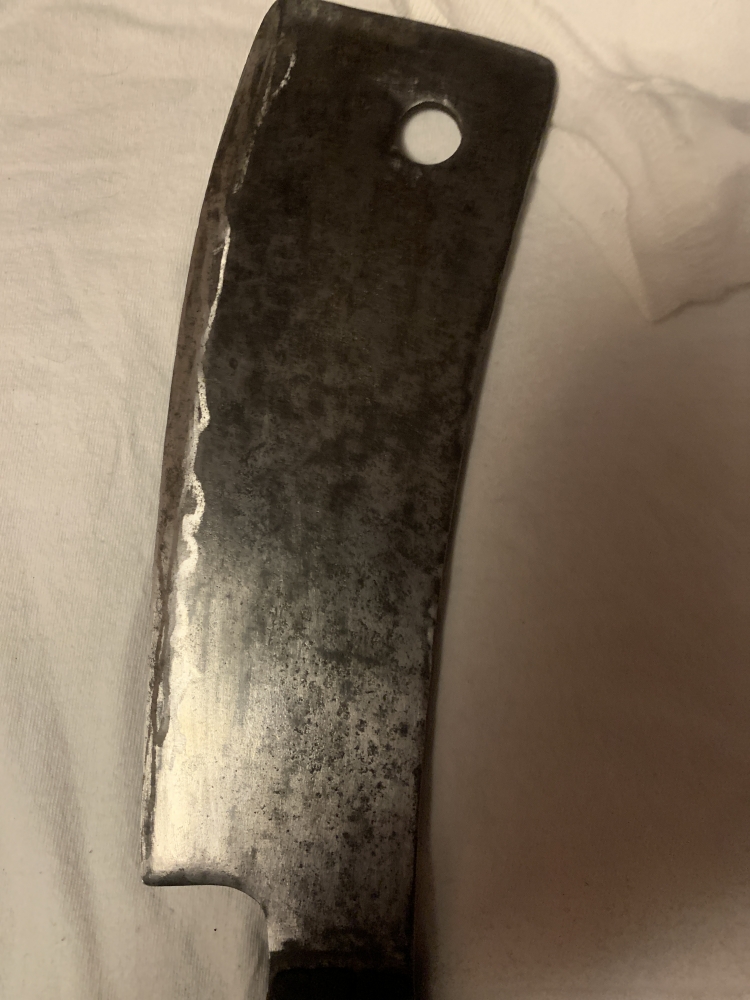 Vintage Cleaver made by Nichols Bros of Greenfield, MA. While it has no markings on the blade, the handle is stamped on both sides with “Prop Of Nichols Bros”