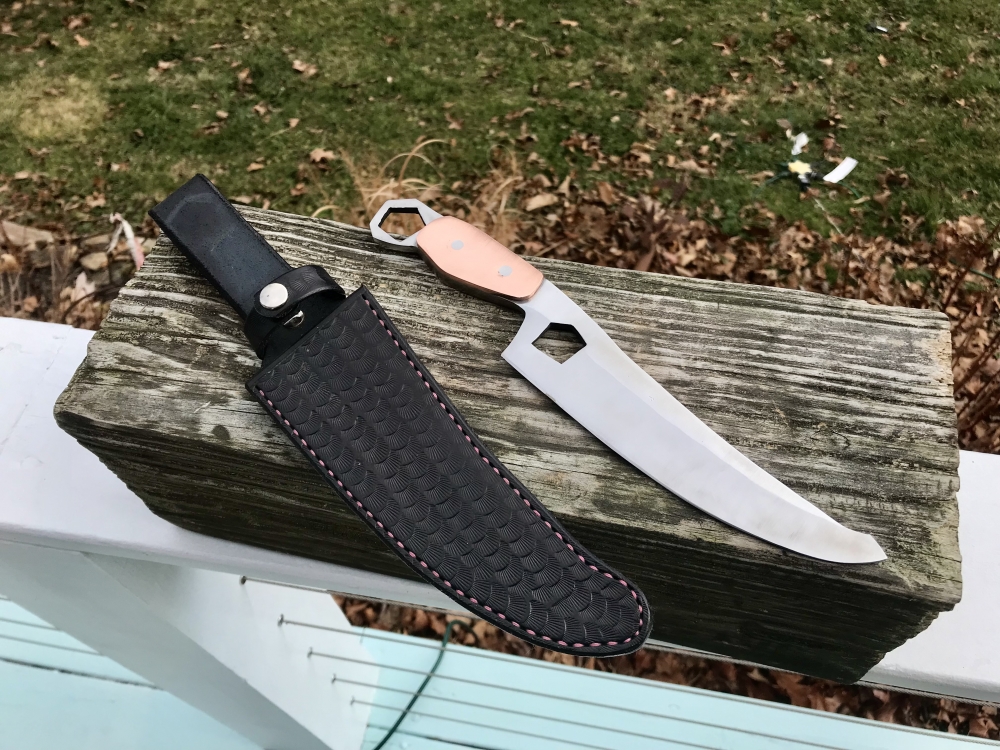 Hand Forged Fantasy Knife 7” Clip Point Blade w/ Copper Handle And Leather Sheath