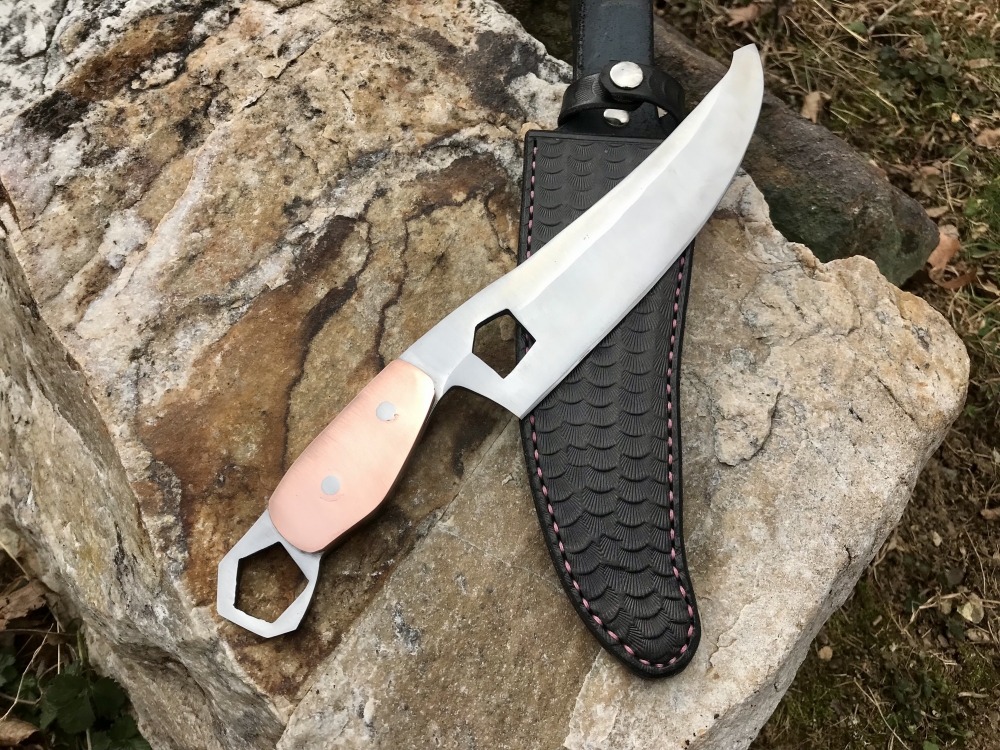 Hand Forged Fantasy Knife 7” Clip Point Blade w/ Copper Handle And Leather Sheath