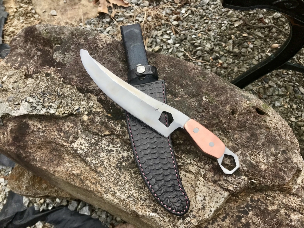 Hand Forged Fantasy Knife 7” Clip Point Blade w/ Copper Handle And Leather Sheath