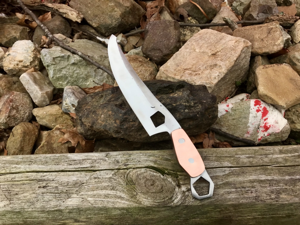 Hand Forged Fantasy Knife 7” Clip Point Blade w/ Copper Handle And Leather Sheath