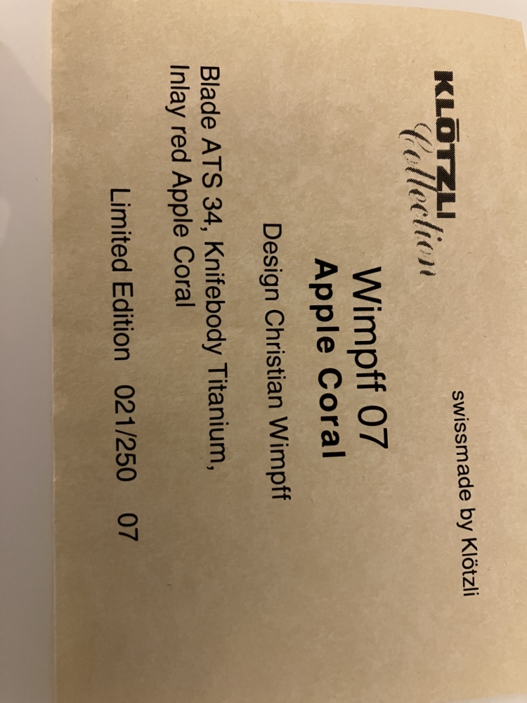 Limited Edition Klötzli Wimpff 07 folding knife with titanium knife-body and red apple coral inlay, never used or carried.