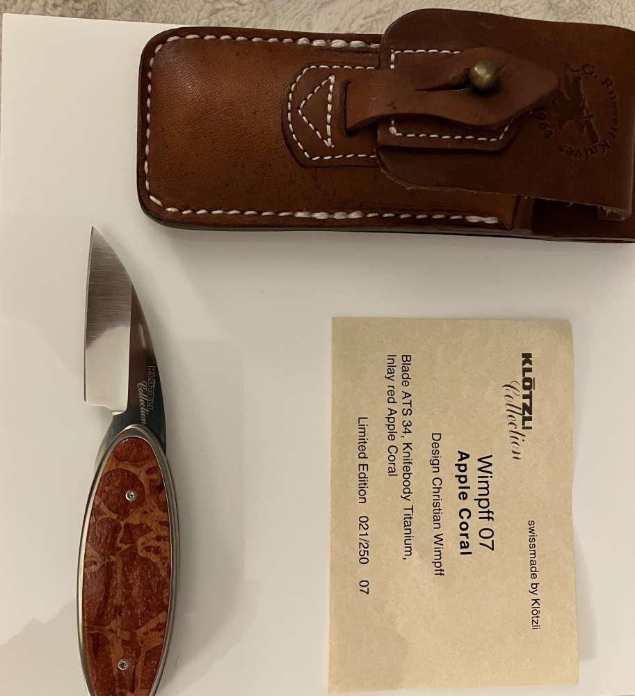 Limited Edition Klötzli Wimpff 07 folding knife with titanium knife-body and red apple coral inlay, never used or carried.