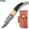 Hand-Forged Damascus Folding Knife with Leather Sheath & Sharpening Tool