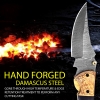 Hand-Forged Damascus Folding Knife with Leather Sheath & Sharpening Tool