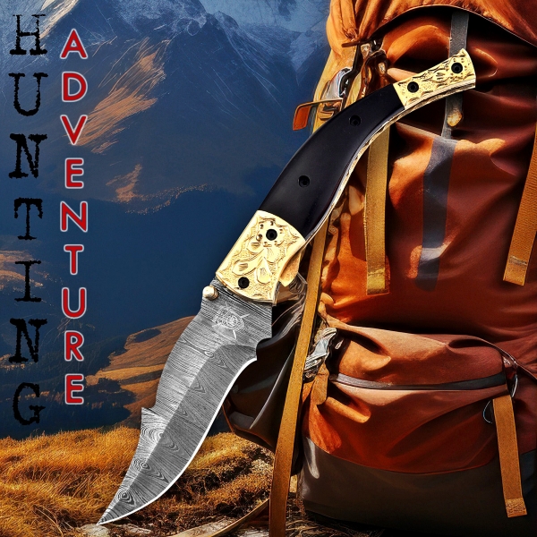 Hand-Forged Damascus Folding Knife with Leather Sheath & Sharpening Tool