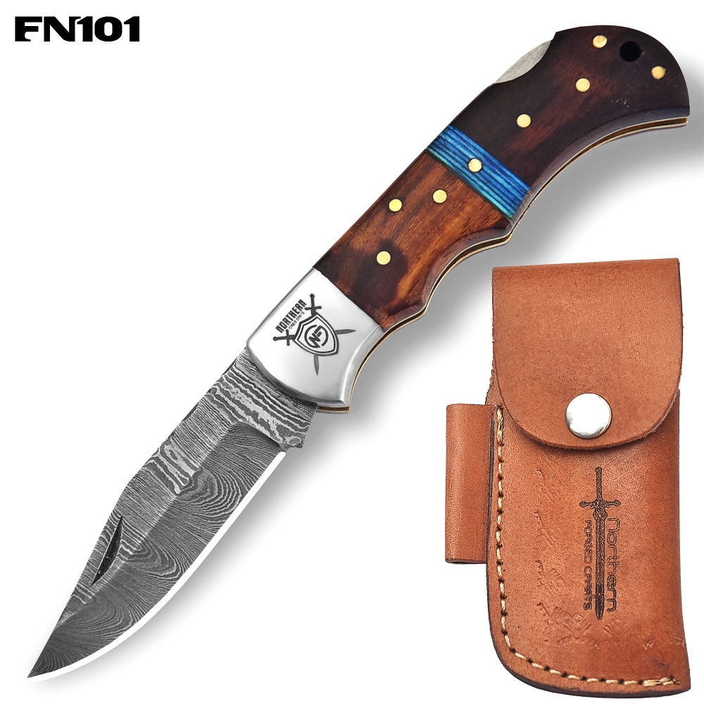 Hand-Forged Damascus Folding Knife with Leather Sheath & Sharpening Tool