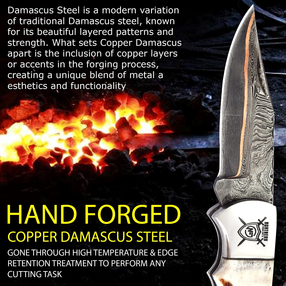 Handcrafted Damascus Copper Knife – Premium Masterpiece with Sheath & Sharpener