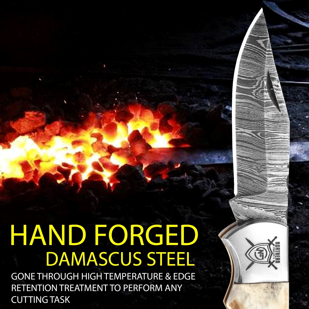 Premium Damascus Folding Knife – Handmade Blade with Leather Sheath & Sharpener