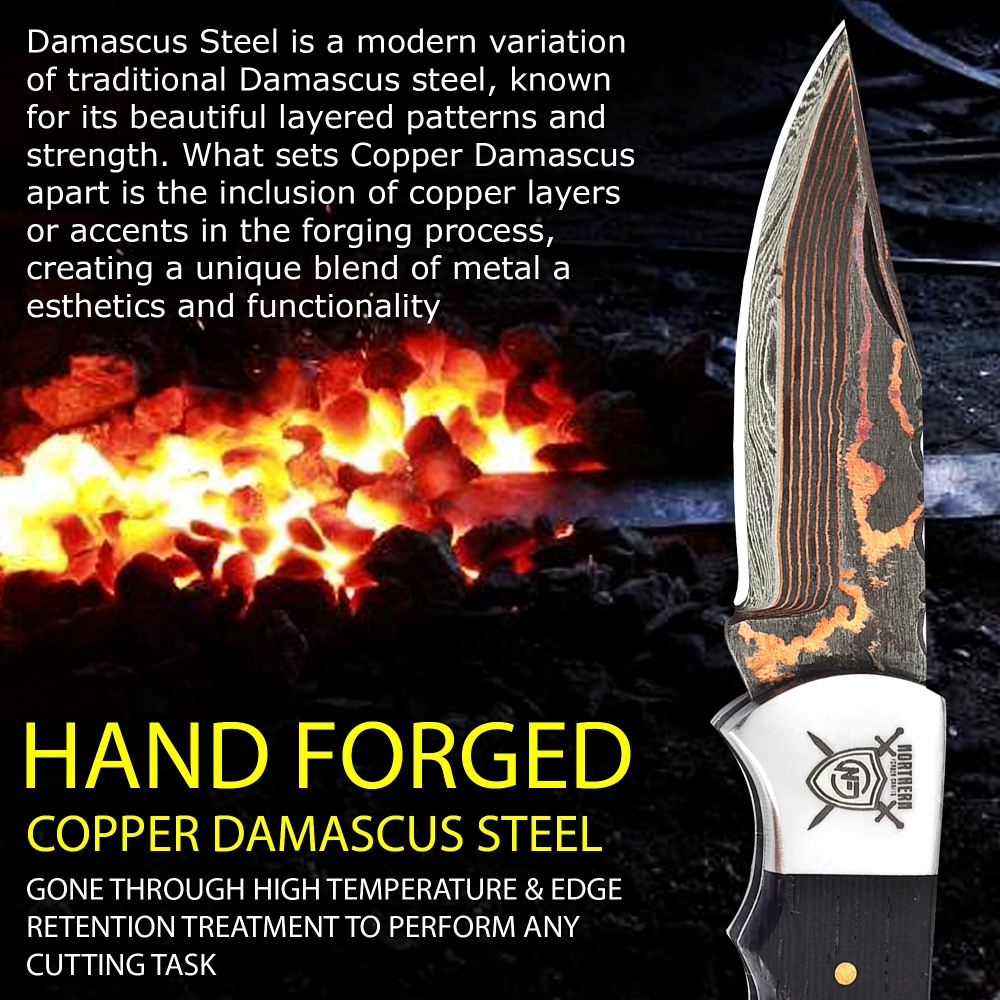 Damascus & Copper Fusion Knife I The Masterpiece with Leather Sheath & Sharpener