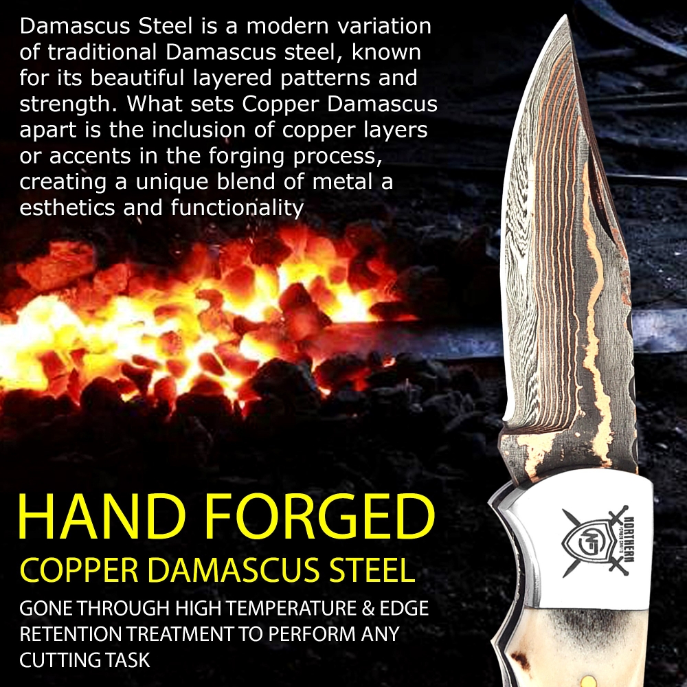 Handcrafted Damascus Copper Knife – Premium Blade with Sheath & Sharpener