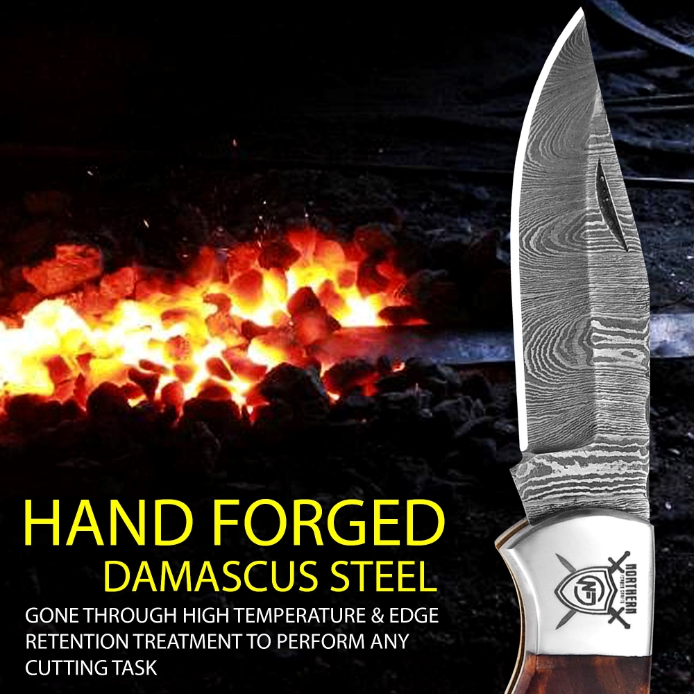 Hand-Forged Damascus Folding Knife with Leather Sheath & Sharpening Tool