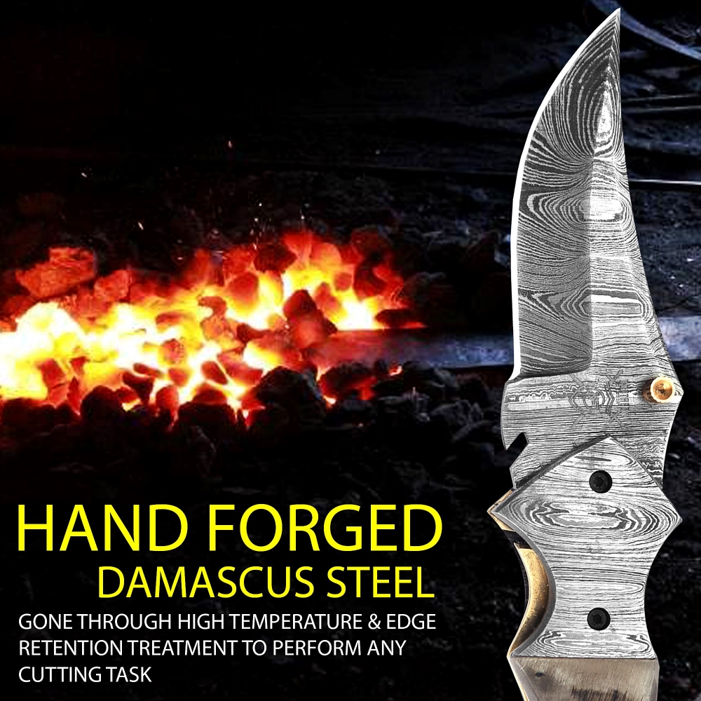 Premium Damascus Folding Knife – Handcrafted Blade with Leather Sheath & Sharpening Tool