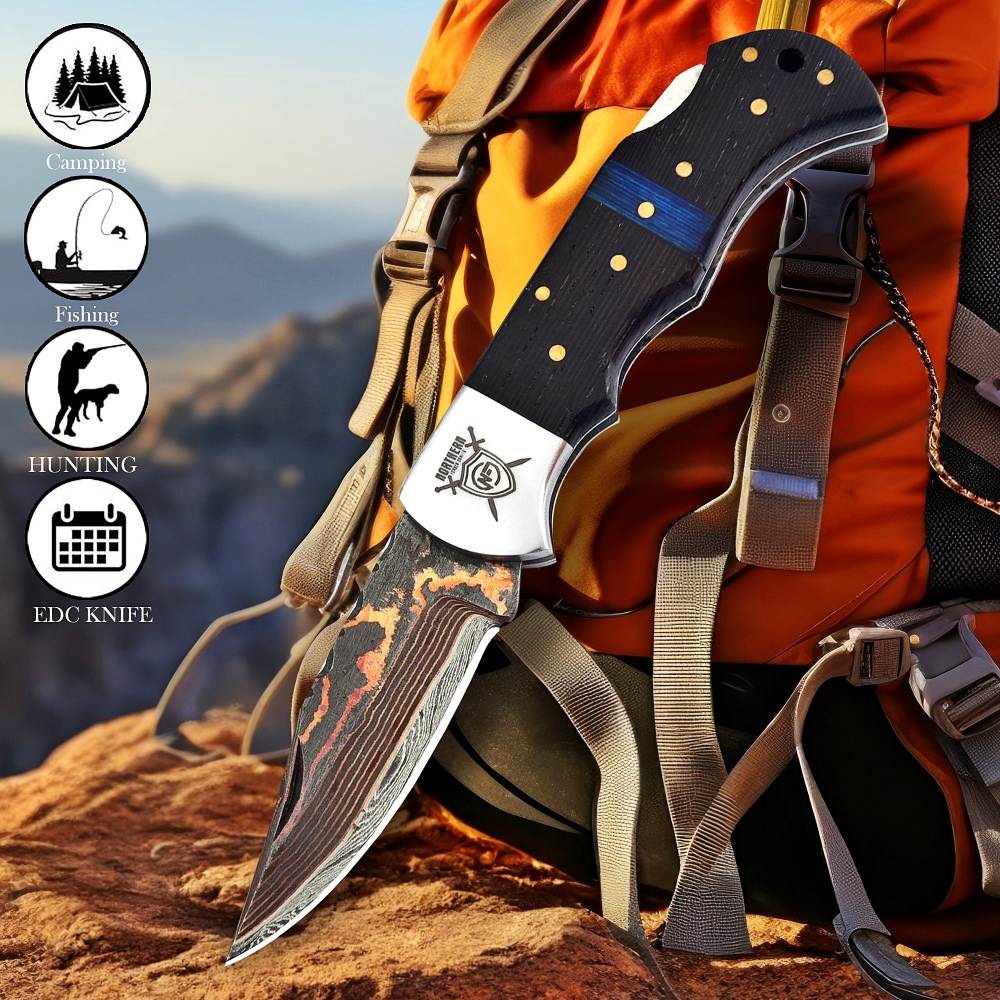 Damascus & Copper Fusion Knife I The Masterpiece with Leather Sheath & Sharpener