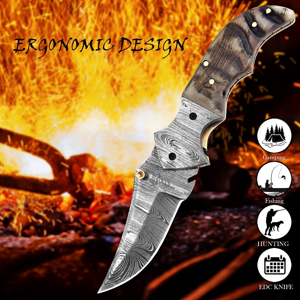 Premium Damascus Folding Knife – Handcrafted Blade with Leather Sheath & Sharpening Tool
