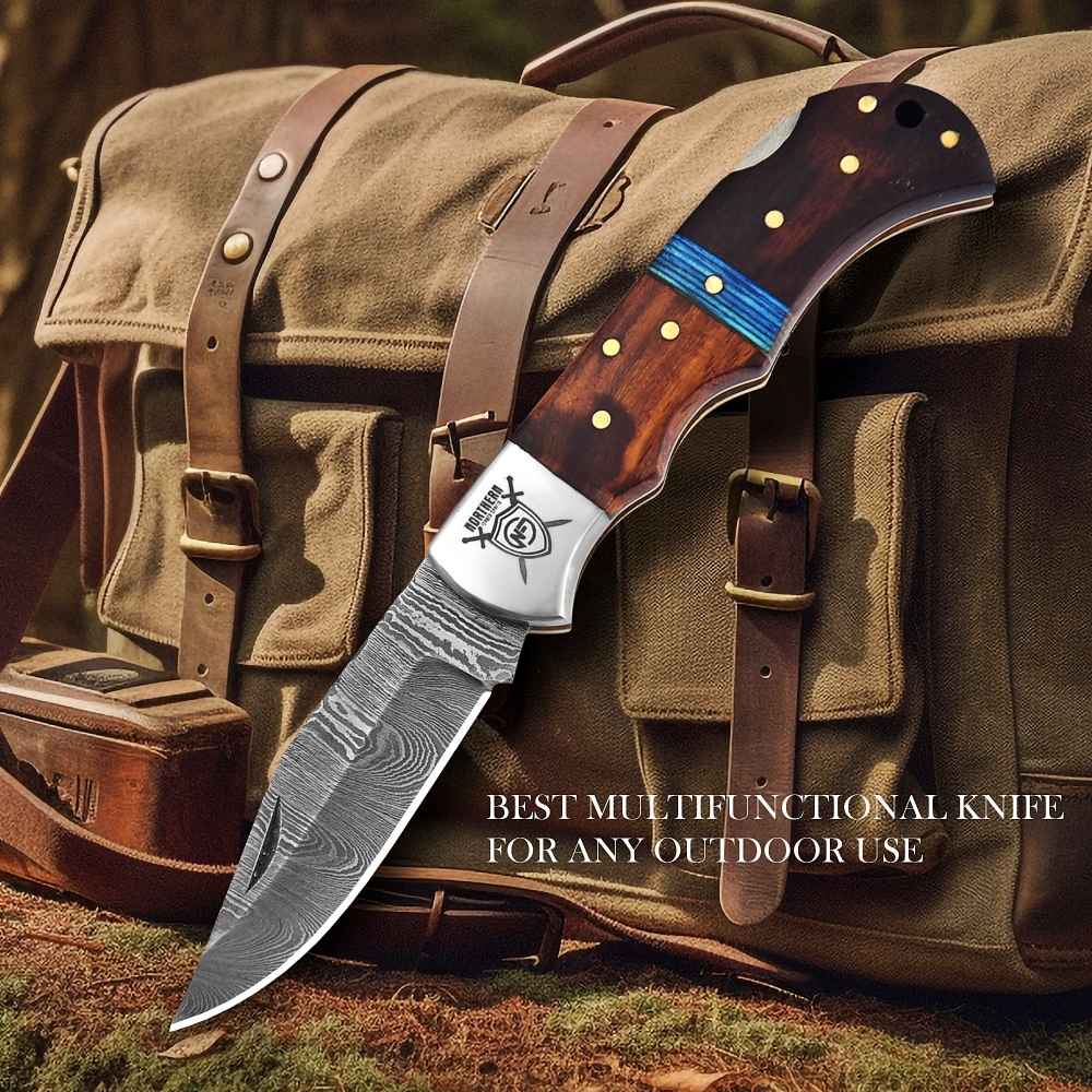 Hand-Forged Damascus Folding Knife with Leather Sheath & Sharpening Tool