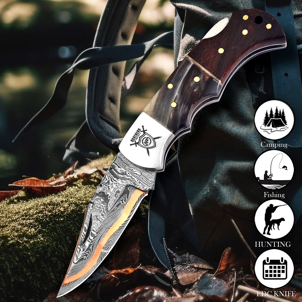 Damascus & Copper Fusion Knife I The Masterpiece with Leather Sheath & Sharpener