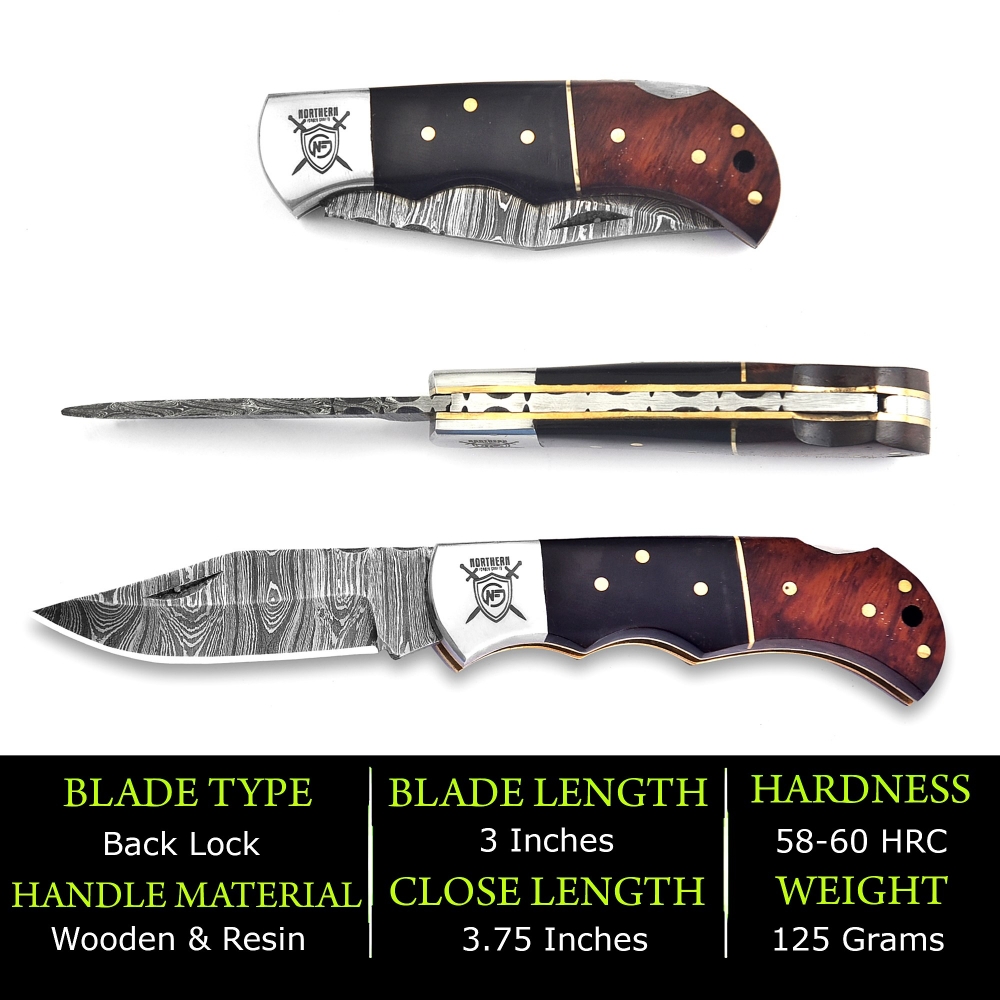 Hand-Forged Damascus Folding Knife with Leather Sheath & Sharpening Tool