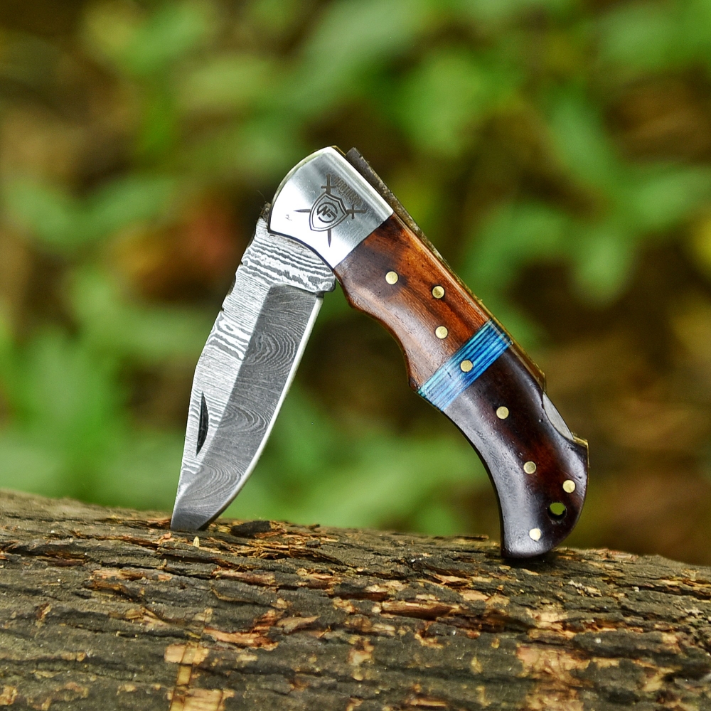 Hand-Forged Damascus Folding Knife with Leather Sheath & Sharpening Tool