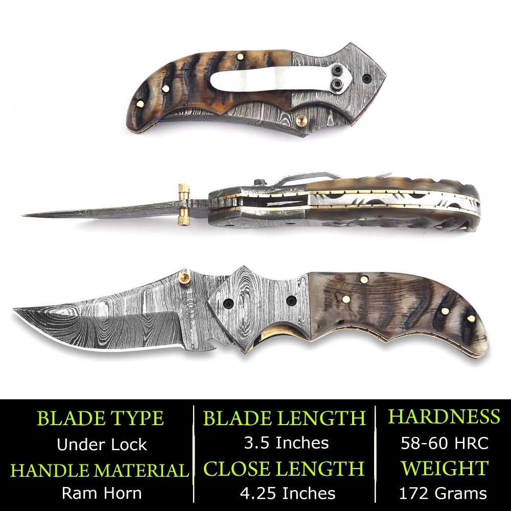Premium Damascus Folding Knife – Handcrafted Blade with Leather Sheath & Sharpening Tool
