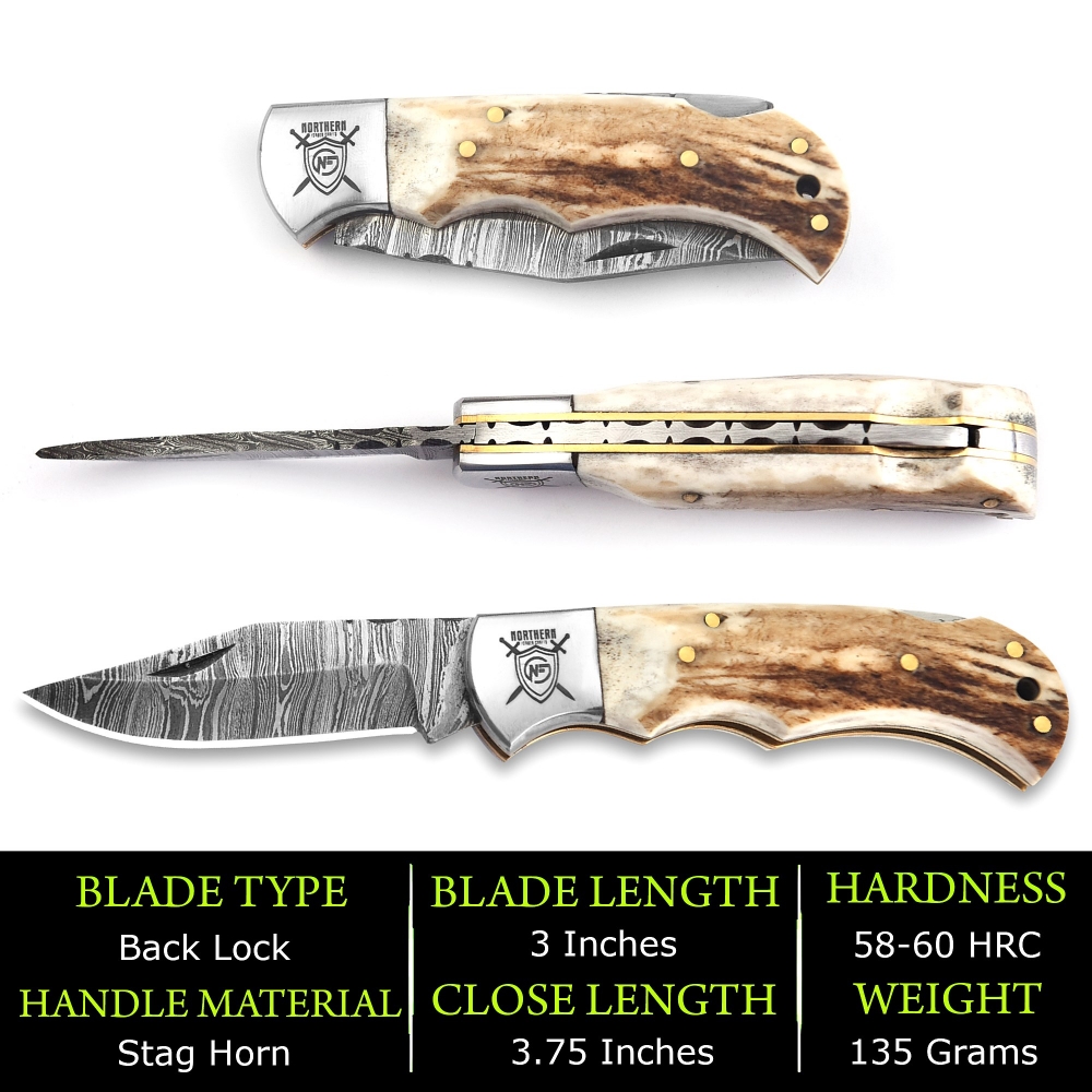 Premium Damascus Folding Knife – Handmade Blade with Leather Sheath & Sharpener