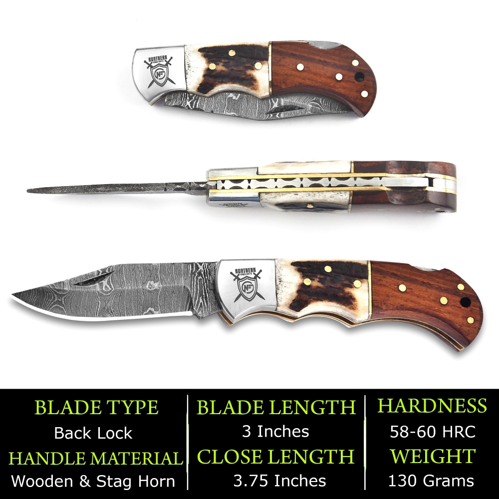Premium Damascus Folding Knife – Handcrafted with Leather Sheath & Sharpener